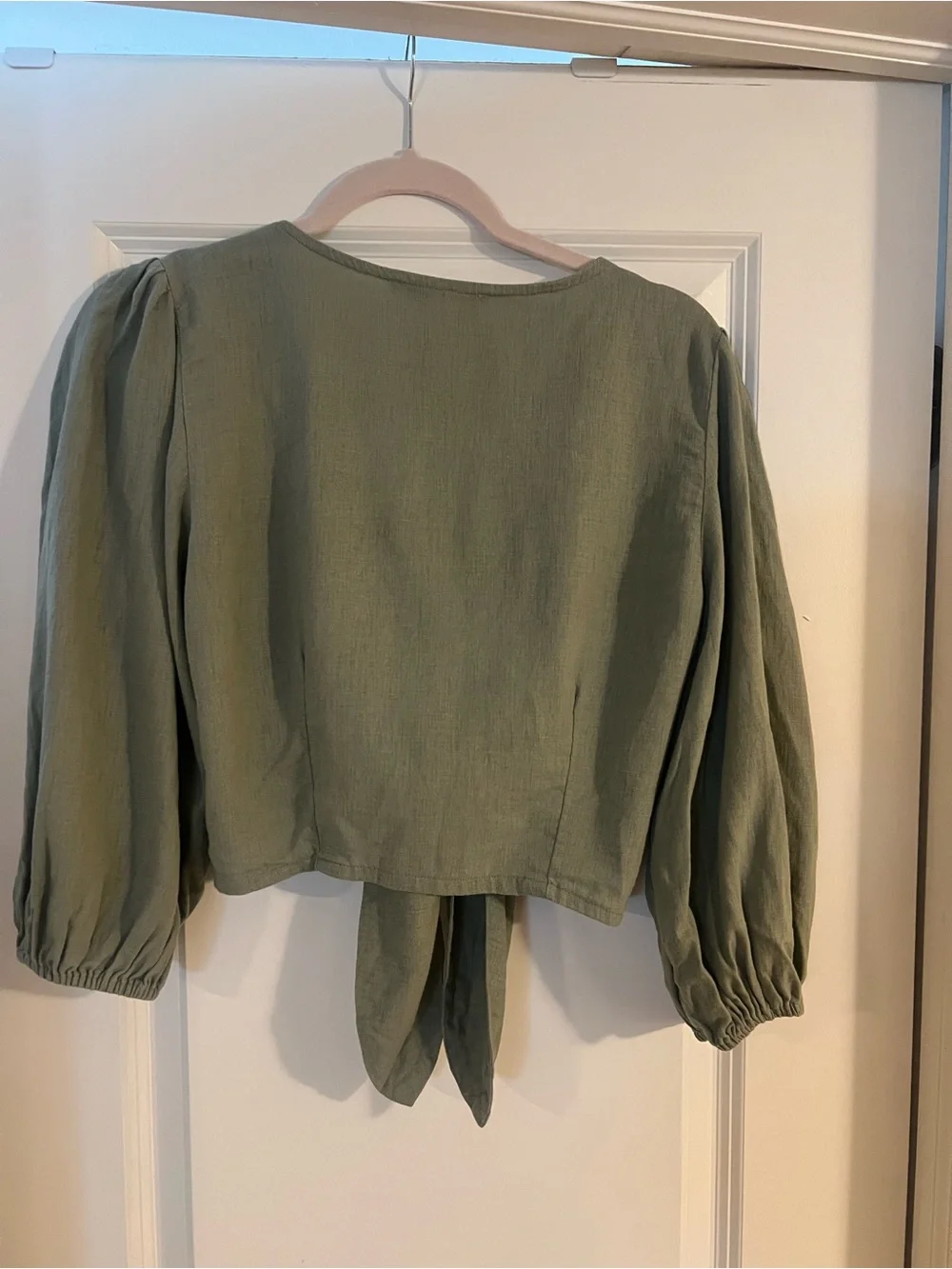 Abercrombie & Fitch Olive Green Tie-Front Puff Sleeve Top